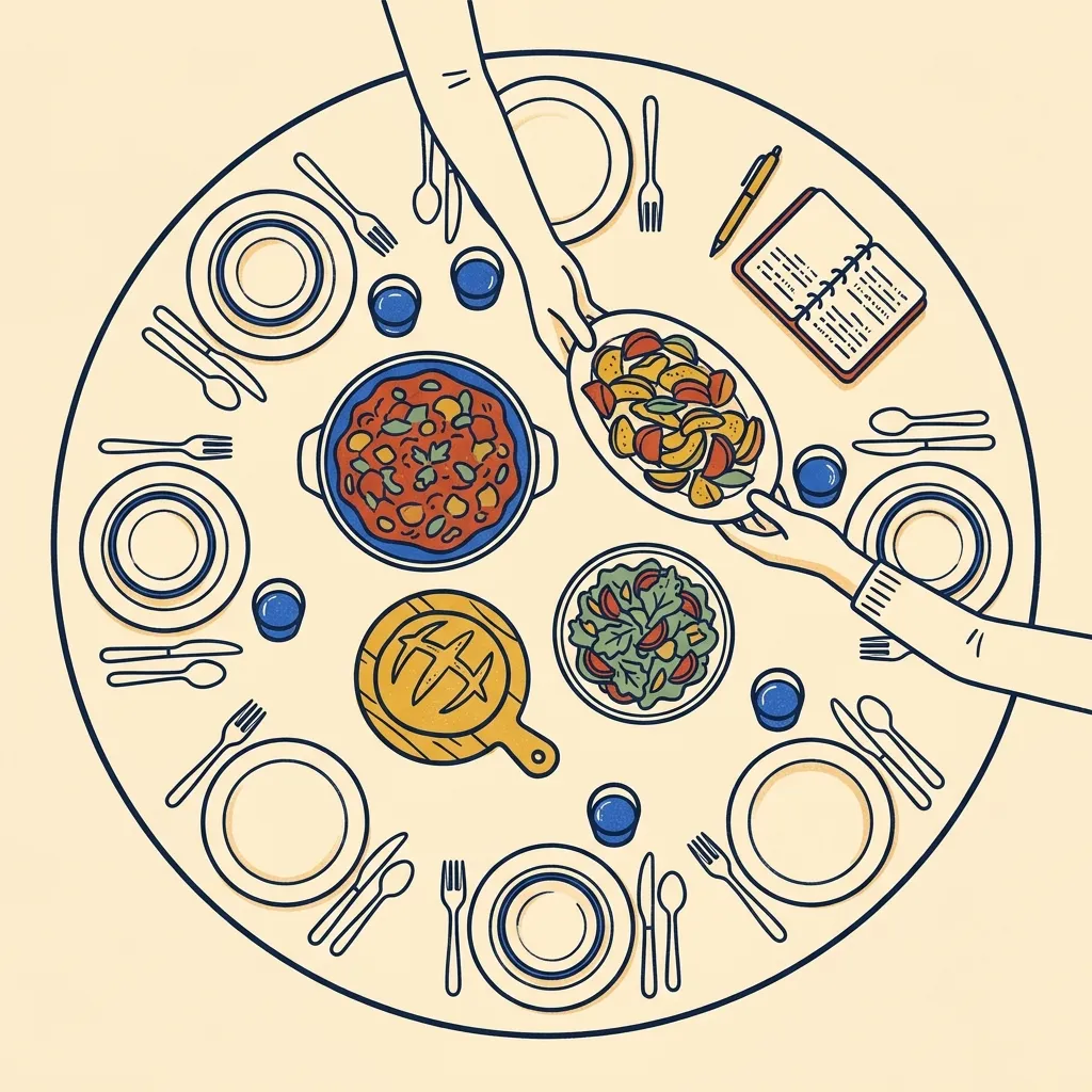 A table laid for eight seen from above, dishes being passed across it, one place still empty